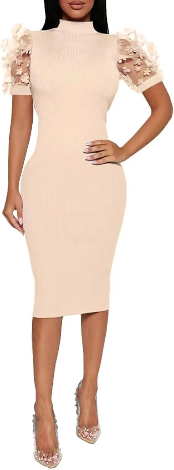 Annystore Women's Mesh See Through Sheer Dress Short Puff Sleeve Bodycon Dress Mock Neck Sexy Club Party Midi Dress Clubwear