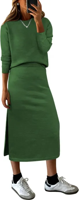ANRABESS Women 2 Piece Outfits Striped Sweater Skirt Sets 2025 Fall Casual Long Sleeve Pullover Top Lounge Travel Midi Dress