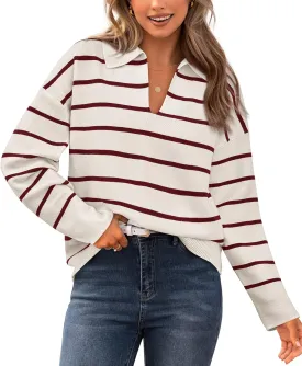 CFLONGE Women's Casual Striped Long Sleeve Polo V Neck Lightweight Pullover Sweater Loose Fit Drop Shoulder Knitted Shirt Top
