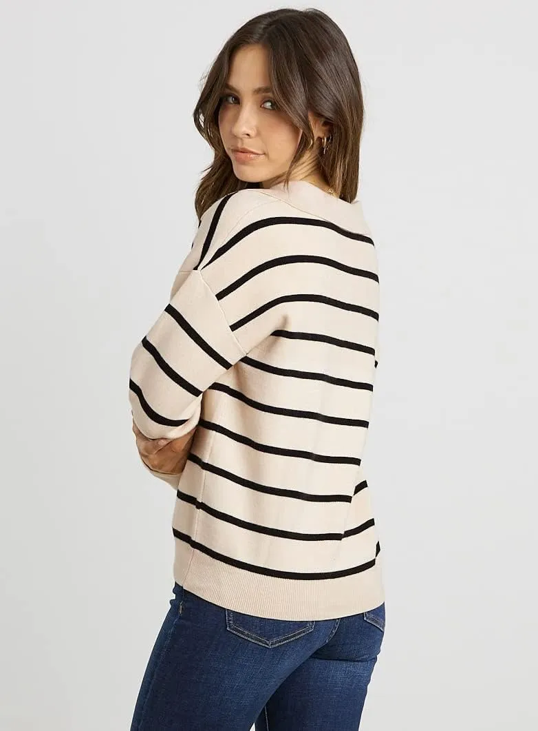 CFLONGE Women's Casual Striped Long Sleeve Polo V Neck Lightweight Pullover Sweater Loose Fit Drop Shoulder Knitted Shirt Top