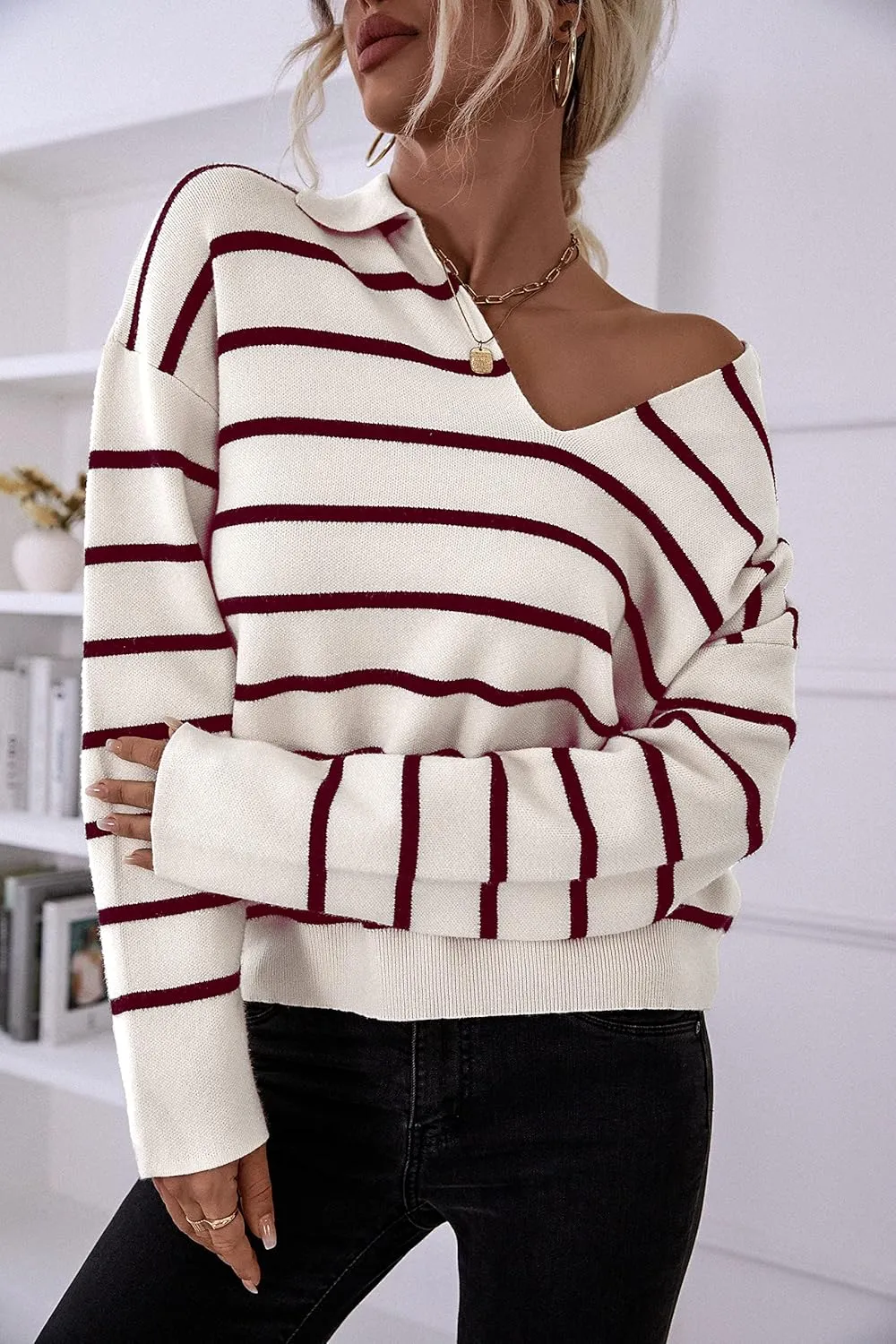 CFLONGE Women's Casual Striped Long Sleeve Polo V Neck Lightweight Pullover Sweater Loose Fit Drop Shoulder Knitted Shirt Top