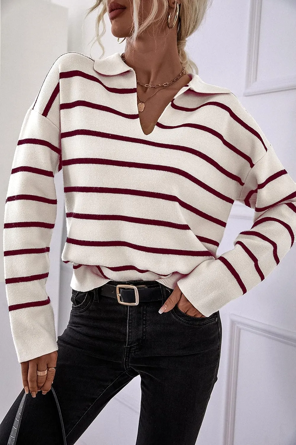 CFLONGE Women's Casual Striped Long Sleeve Polo V Neck Lightweight Pullover Sweater Loose Fit Drop Shoulder Knitted Shirt Top