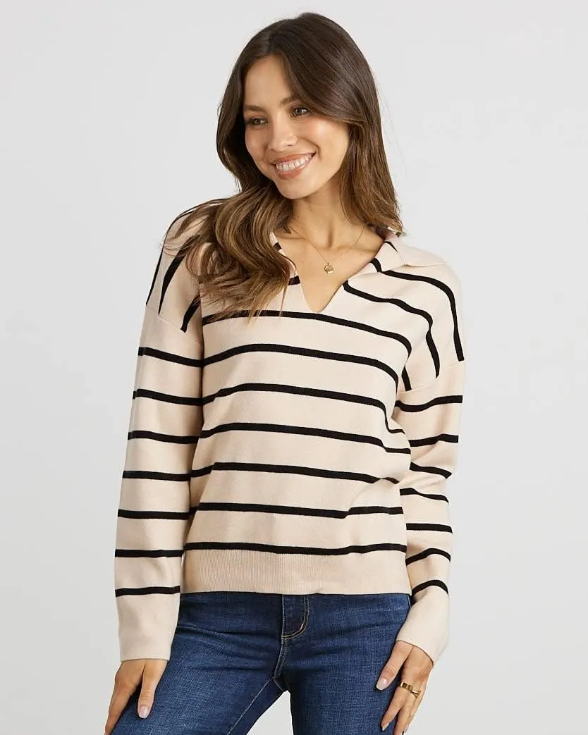 CFLONGE Women's Casual Striped Long Sleeve Polo V Neck Lightweight Pullover Sweater Loose Fit Drop Shoulder Knitted Shirt Top