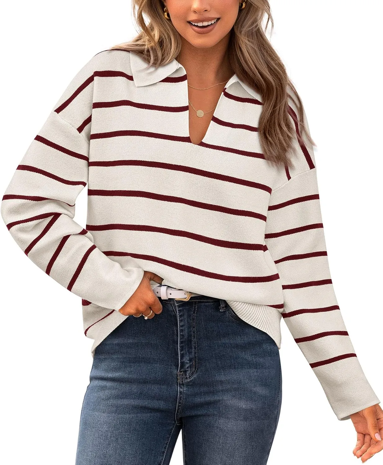CFLONGE Women's Casual Striped Long Sleeve Polo V Neck Lightweight Pullover Sweater Loose Fit Drop Shoulder Knitted Shirt Top