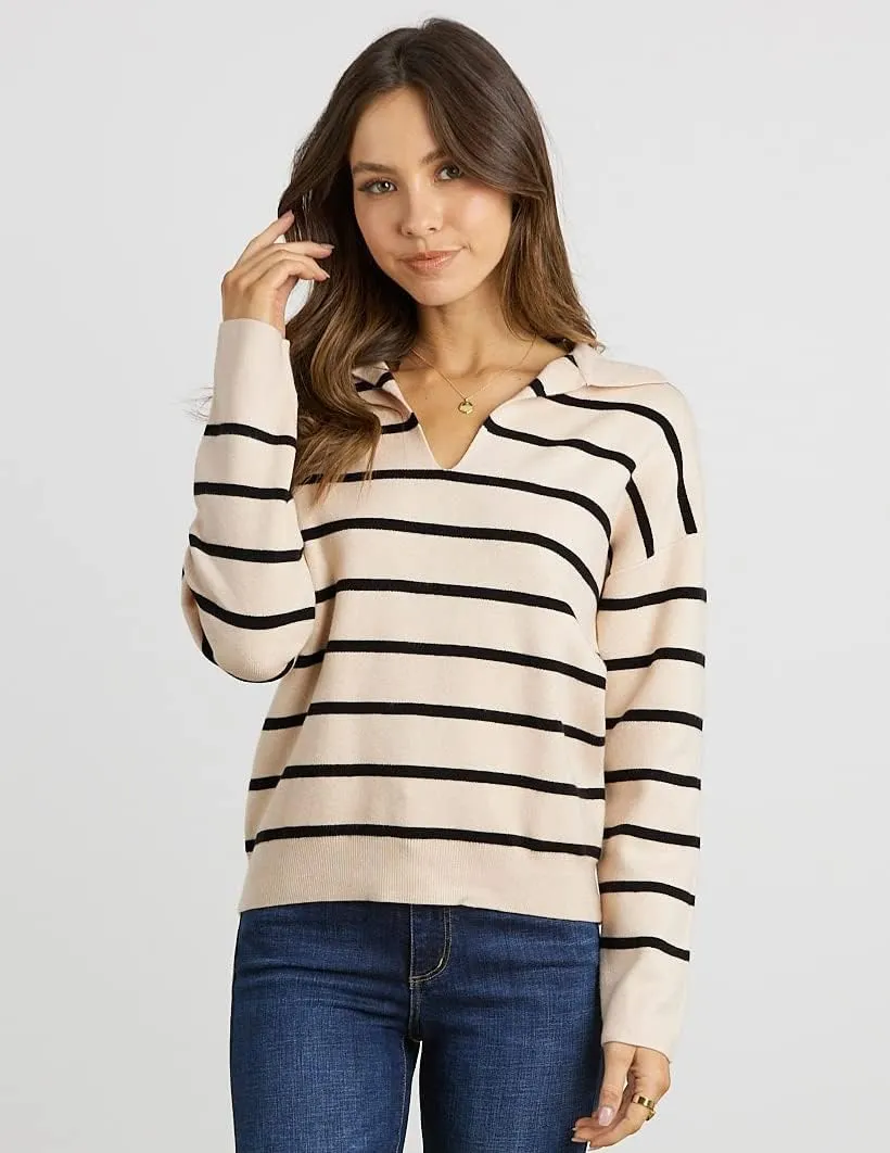 CFLONGE Women's Casual Striped Long Sleeve Polo V Neck Lightweight Pullover Sweater Loose Fit Drop Shoulder Knitted Shirt Top