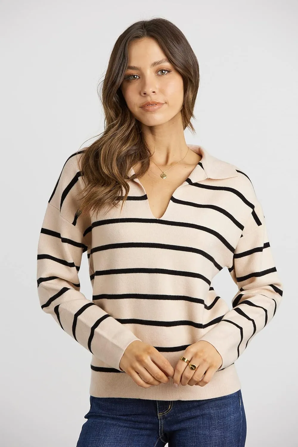 CFLONGE Women's Casual Striped Long Sleeve Polo V Neck Lightweight Pullover Sweater Loose Fit Drop Shoulder Knitted Shirt Top