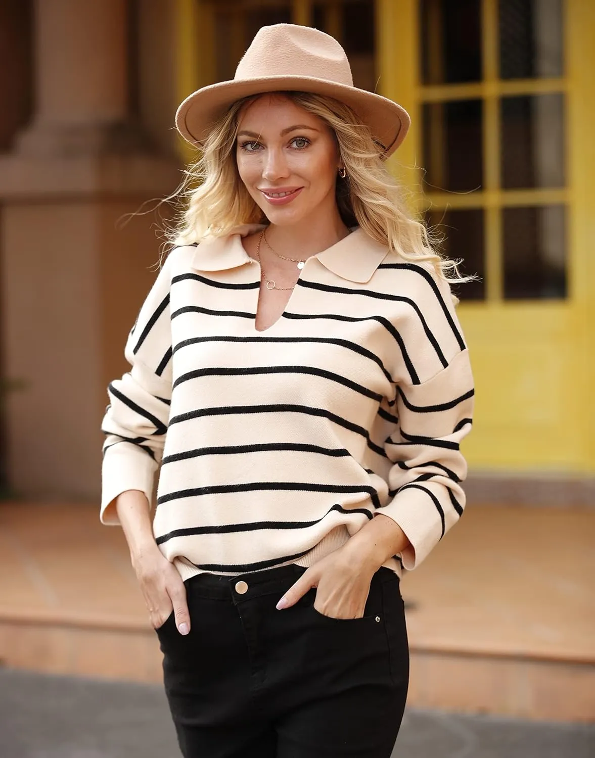 CFLONGE Women's Casual Striped Long Sleeve Polo V Neck Lightweight Pullover Sweater Loose Fit Drop Shoulder Knitted Shirt Top