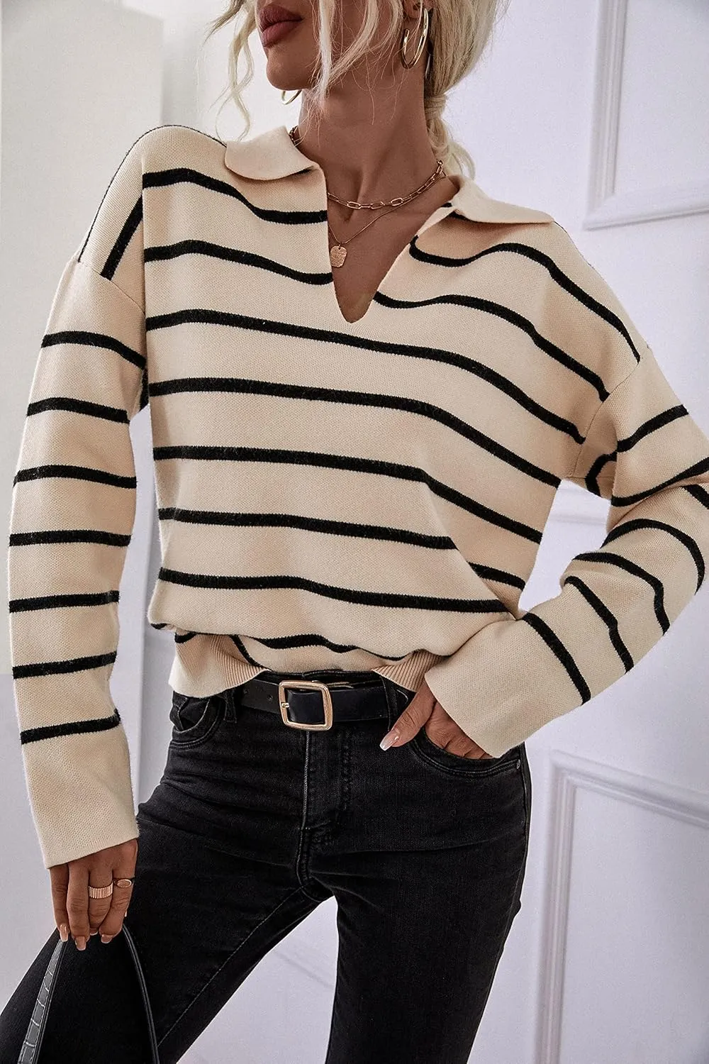 CFLONGE Women's Casual Striped Long Sleeve Polo V Neck Lightweight Pullover Sweater Loose Fit Drop Shoulder Knitted Shirt Top