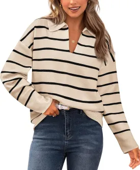 CFLONGE Women's Casual Striped Long Sleeve Polo V Neck Lightweight Pullover Sweater Loose Fit Drop Shoulder Knitted Shirt Top