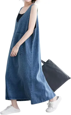 chouyatou Women's Sleeveless Denim Overall Dress Loose Baggy Jumper Maxi Jean Tank Dress