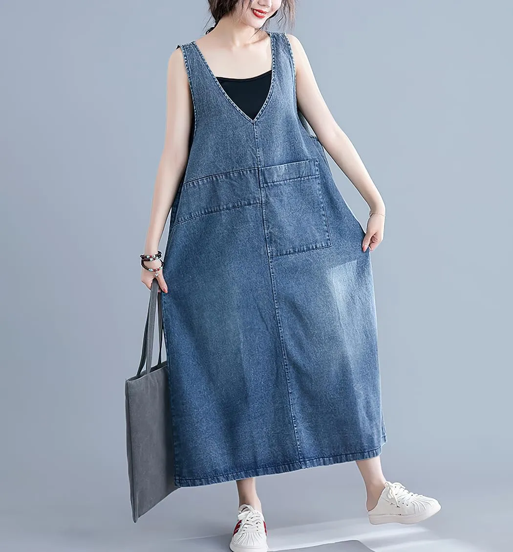 chouyatou Women's Sleeveless Denim Overall Dress Loose Baggy Jumper Maxi Jean Tank Dress