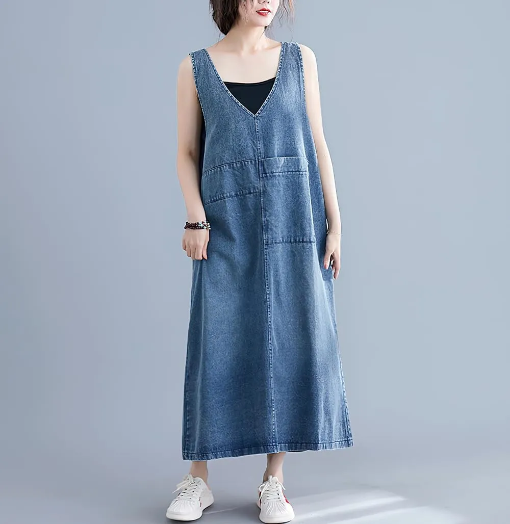 chouyatou Women's Sleeveless Denim Overall Dress Loose Baggy Jumper Maxi Jean Tank Dress