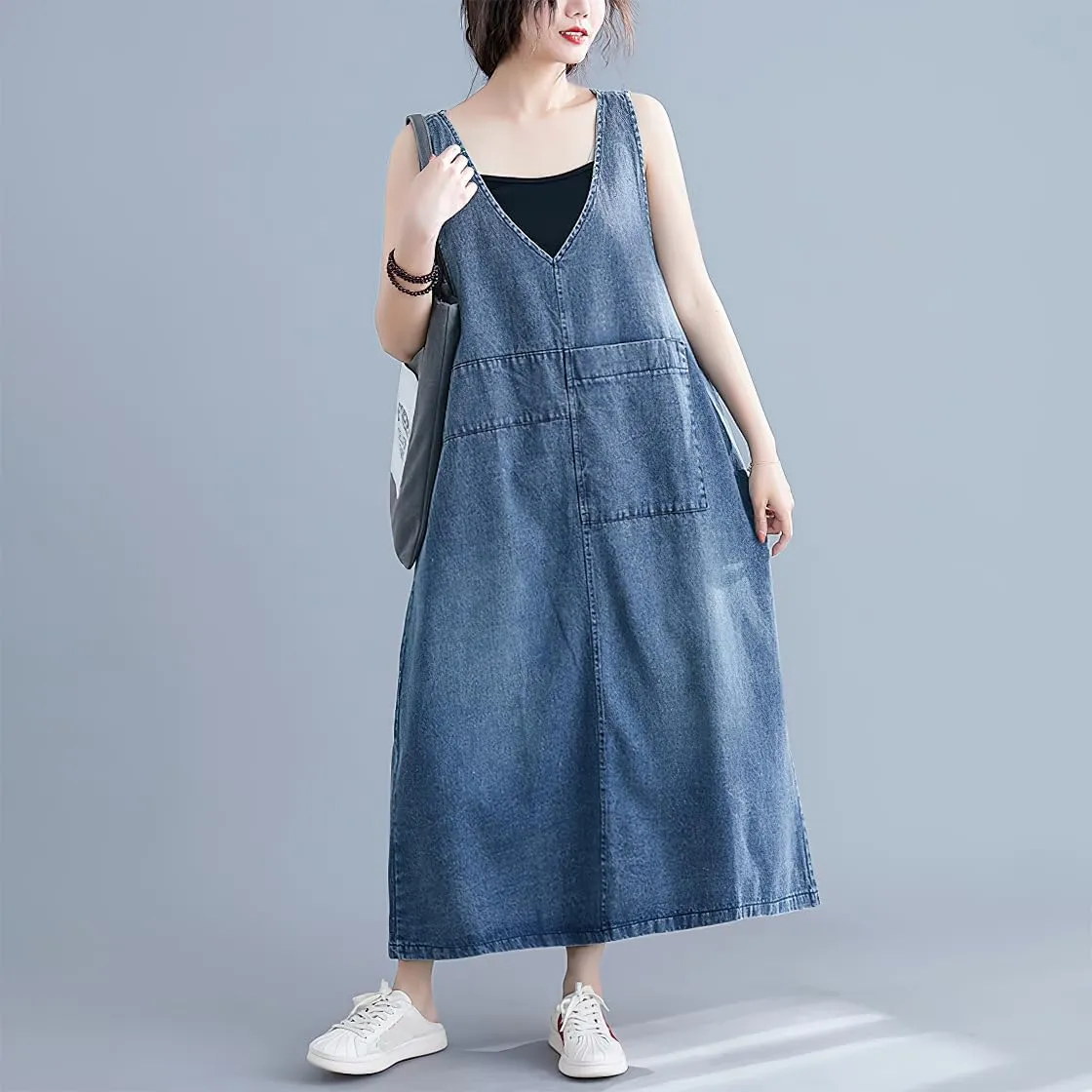 chouyatou Women's Sleeveless Denim Overall Dress Loose Baggy Jumper Maxi Jean Tank Dress