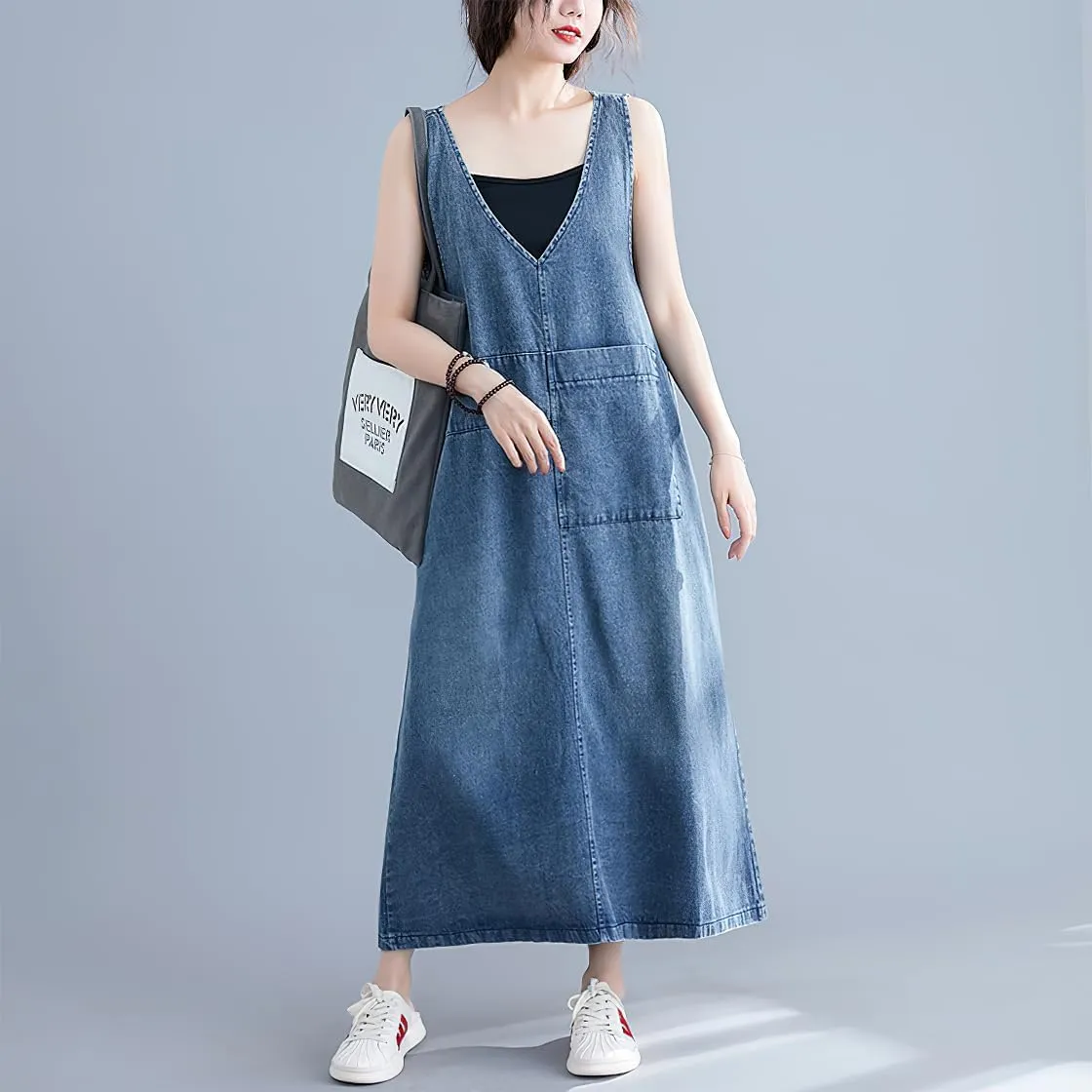 chouyatou Women's Sleeveless Denim Overall Dress Loose Baggy Jumper Maxi Jean Tank Dress