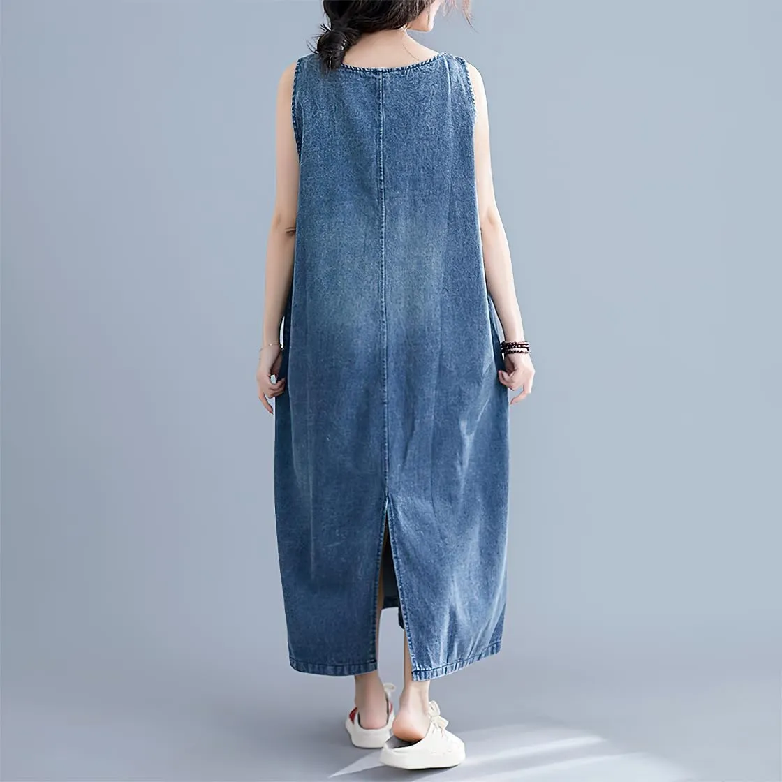 chouyatou Women's Sleeveless Denim Overall Dress Loose Baggy Jumper Maxi Jean Tank Dress