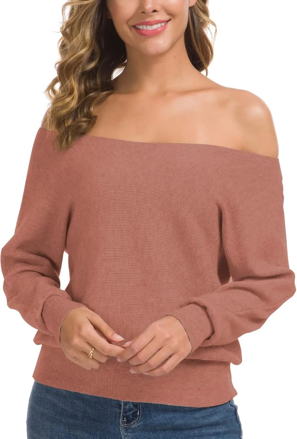 Feiersi Women's Off Shoulder Sweater Long Sleeve Loose Pullover Knit Jumper