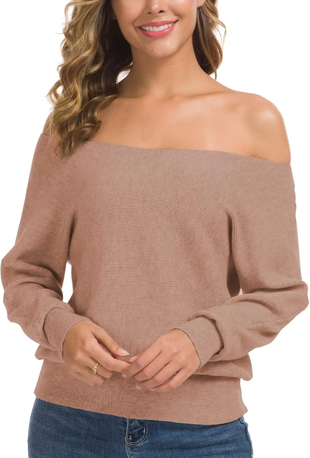 Feiersi Women's Off Shoulder Sweater Long Sleeve Loose Pullover Knit Jumper