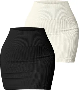 FEOYA Mini Skirt Tight Stretchy Ribbed High Waisted Bodycon Skirt Sexy Y2K Rave Fitted Short Pencil Skirt 2 Packs