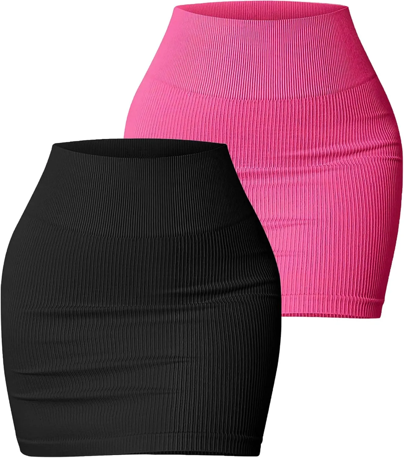 FEOYA Mini Skirt Tight Stretchy Ribbed High Waisted Bodycon Skirt Sexy Y2K Rave Fitted Short Pencil Skirt 2 Packs