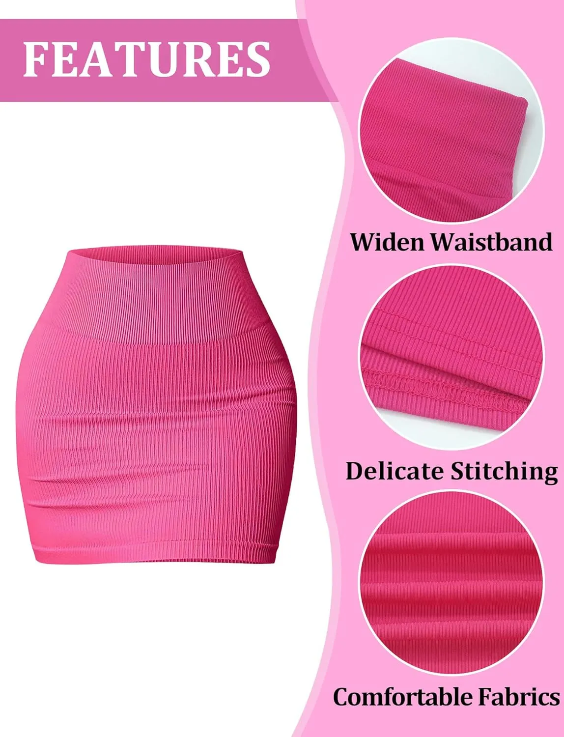 FEOYA Mini Skirt Tight Stretchy Ribbed High Waisted Bodycon Skirt Sexy Y2K Rave Fitted Short Pencil Skirt 2 Packs