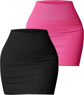 FEOYA Mini Skirt Tight Stretchy Ribbed High Waisted Bodycon Skirt Sexy Y2K Rave Fitted Short Pencil Skirt 2 Packs