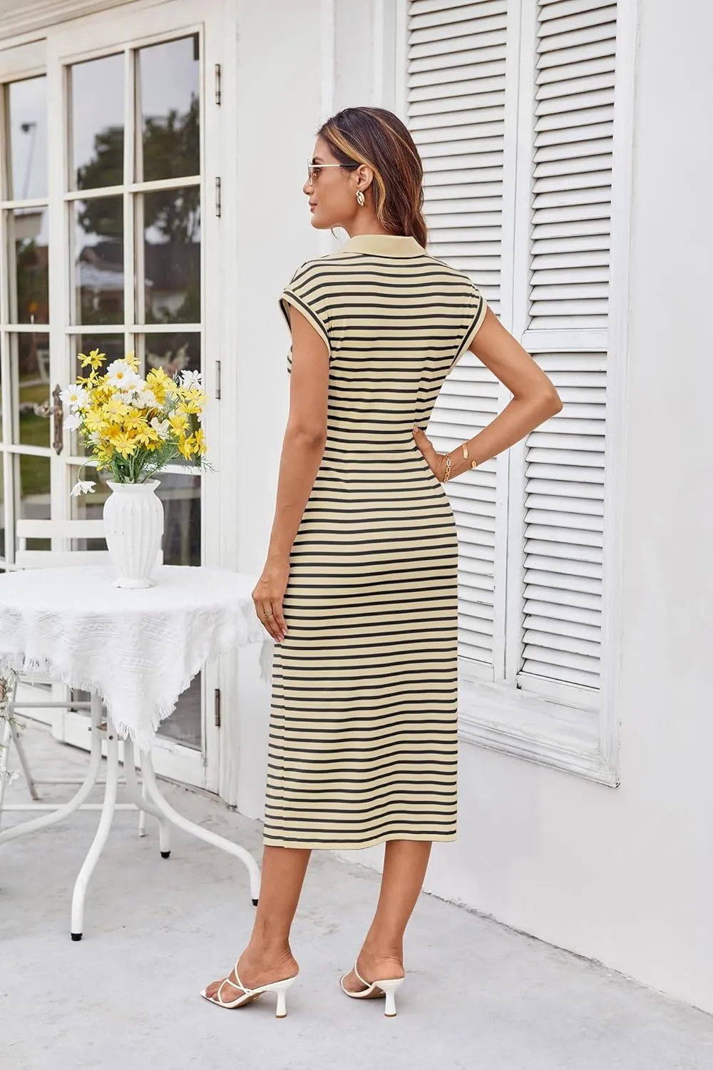 GRACE KARIN Women's Casual Summer Dresses Striped Polo V Neck Cap Sleeve Side Slit Ruched Bodycon Stretch Midi Dresses