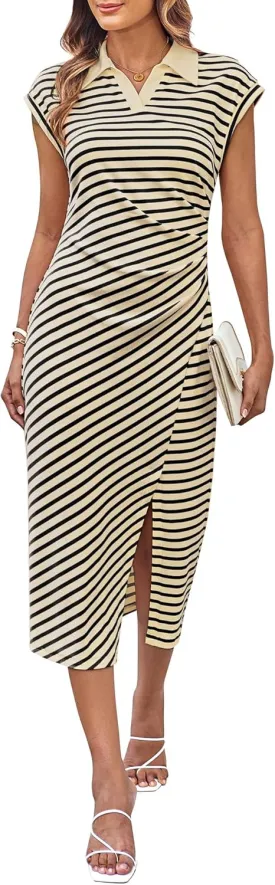 GRACE KARIN Women's Casual Summer Dresses Striped Polo V Neck Cap Sleeve Side Slit Ruched Bodycon Stretch Midi Dresses