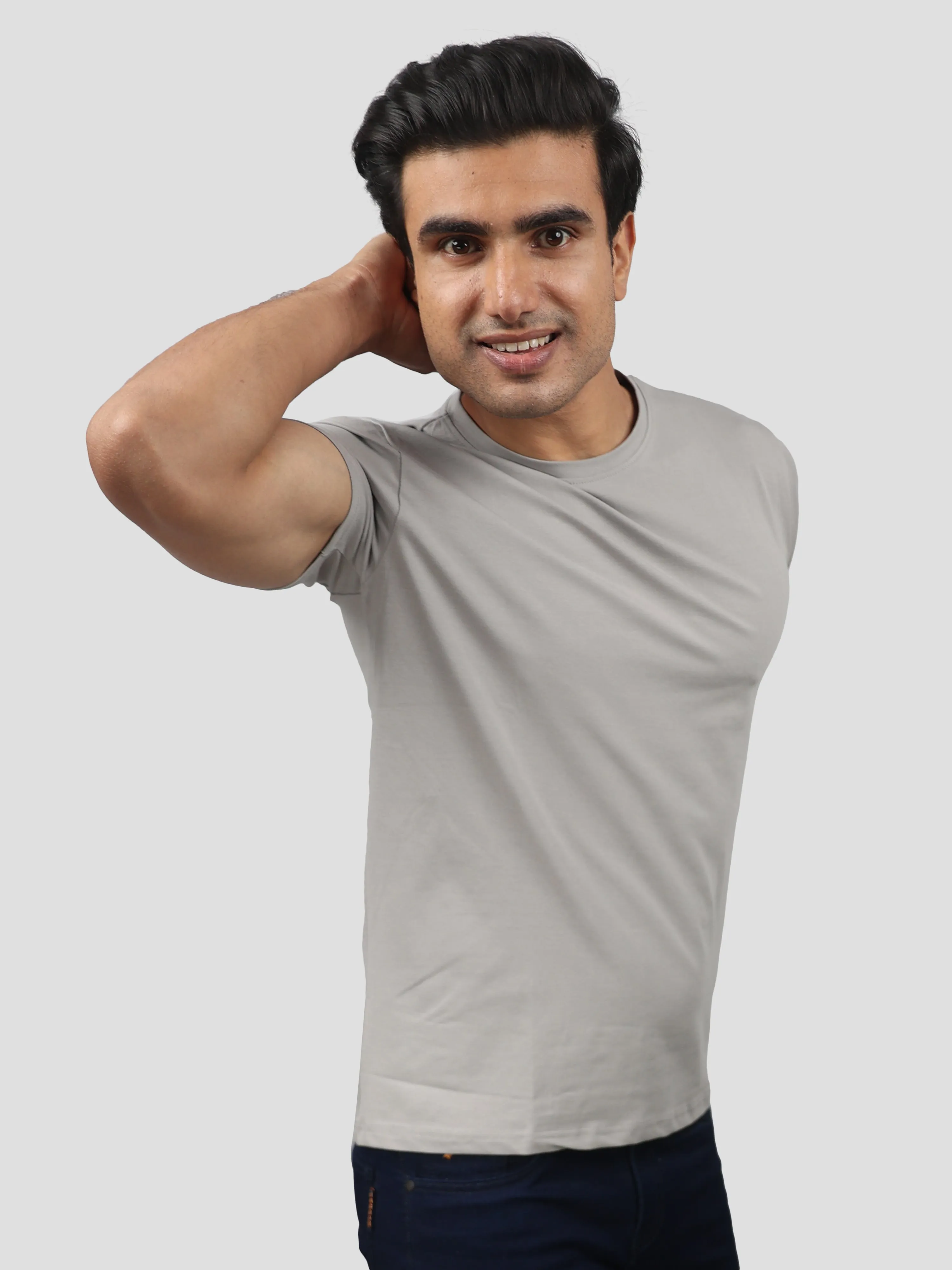 Gray Super Stretch Round Neck Cotton Tshirt for men
