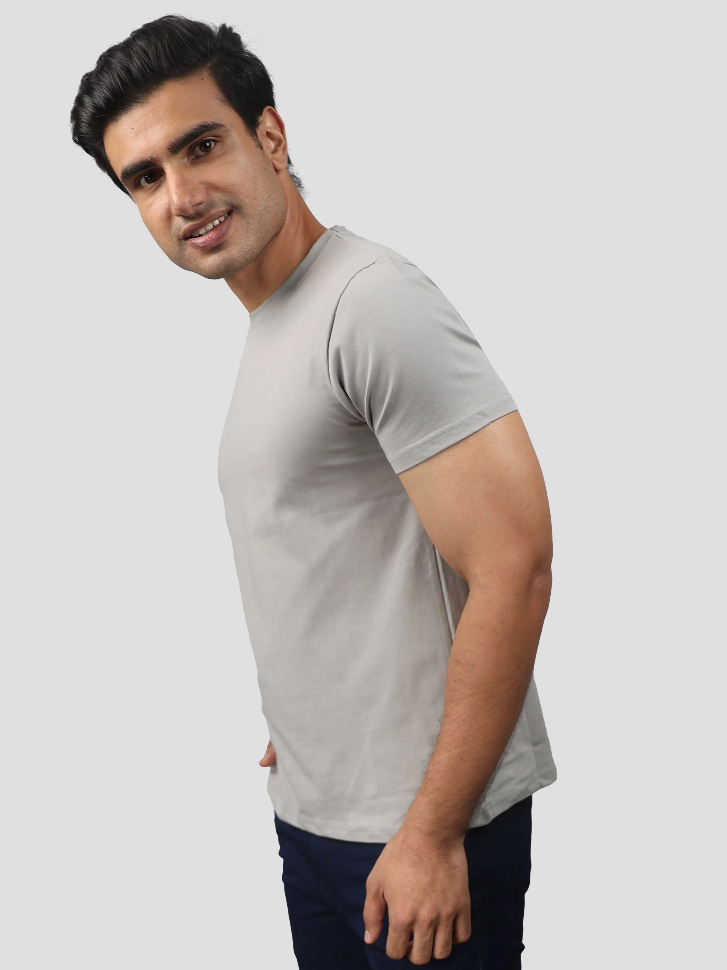Gray Super Stretch Round Neck Cotton Tshirt for men