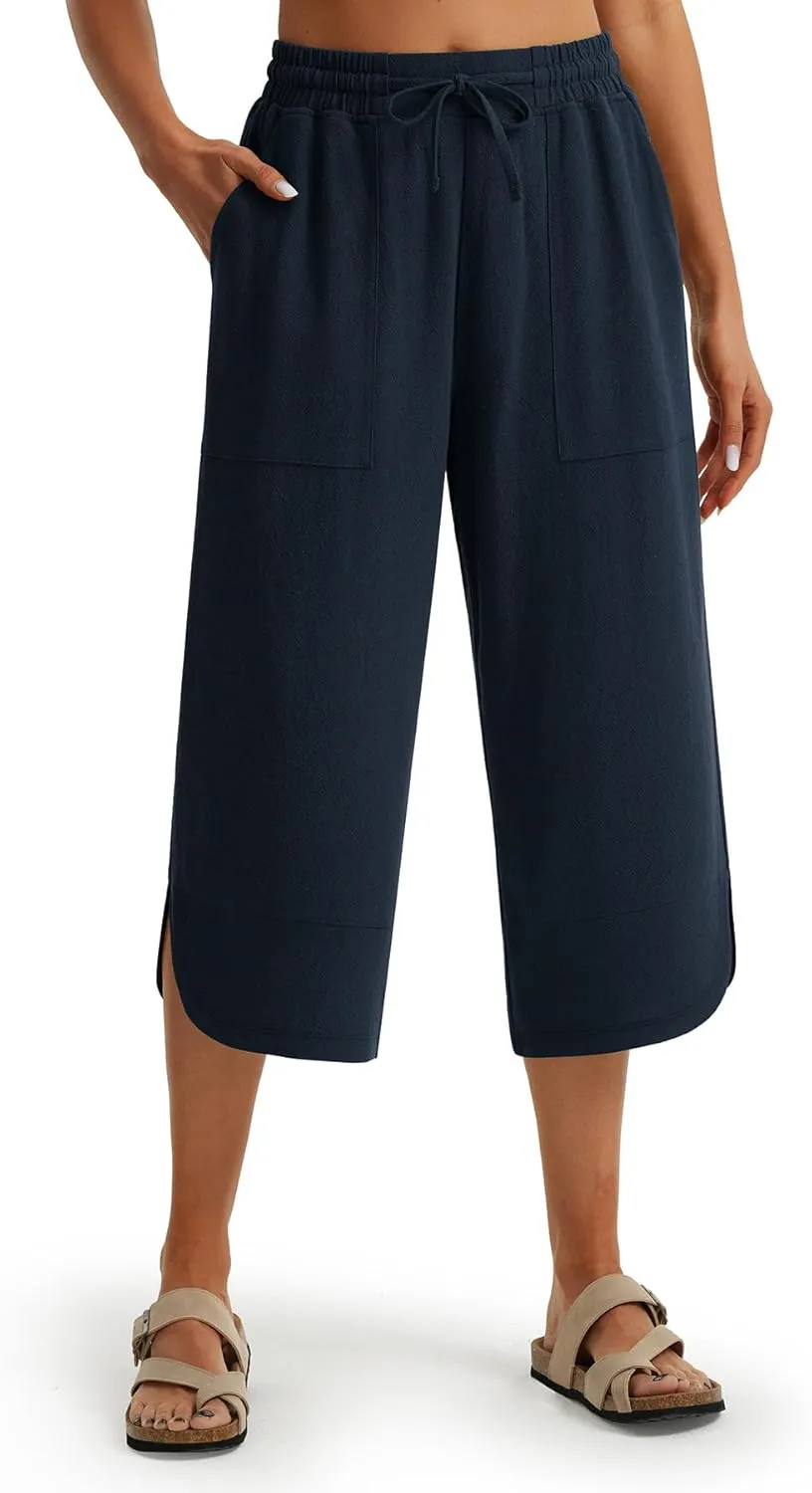 Libin Capri Linen Pants for Women Wide Leg Casual Summer Palazzo Pants High Waisted Beach Tousers with Pockets