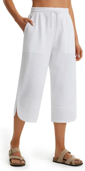 Libin Capri Linen Pants for Women Wide Leg Casual Summer Palazzo Pants High Waisted Beach Tousers with Pockets