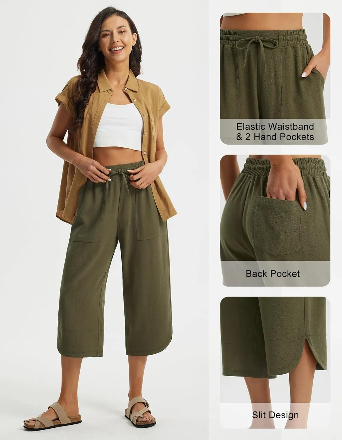 Libin Capri Linen Pants for Women Wide Leg Casual Summer Palazzo Pants High Waisted Beach Tousers with Pockets