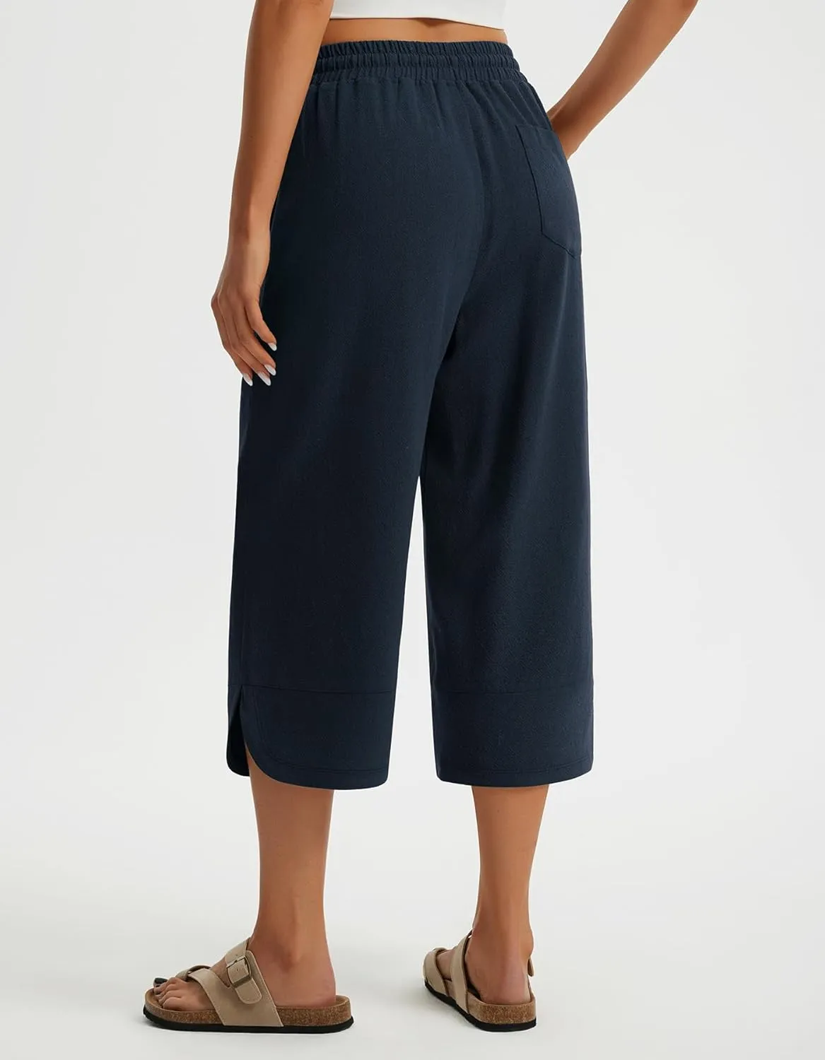 Libin Capri Linen Pants for Women Wide Leg Casual Summer Palazzo Pants High Waisted Beach Tousers with Pockets