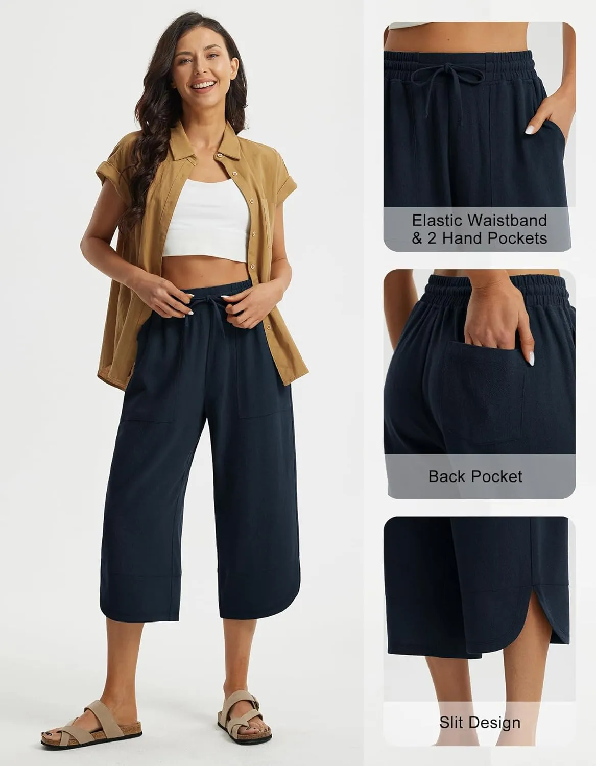 Libin Capri Linen Pants for Women Wide Leg Casual Summer Palazzo Pants High Waisted Beach Tousers with Pockets