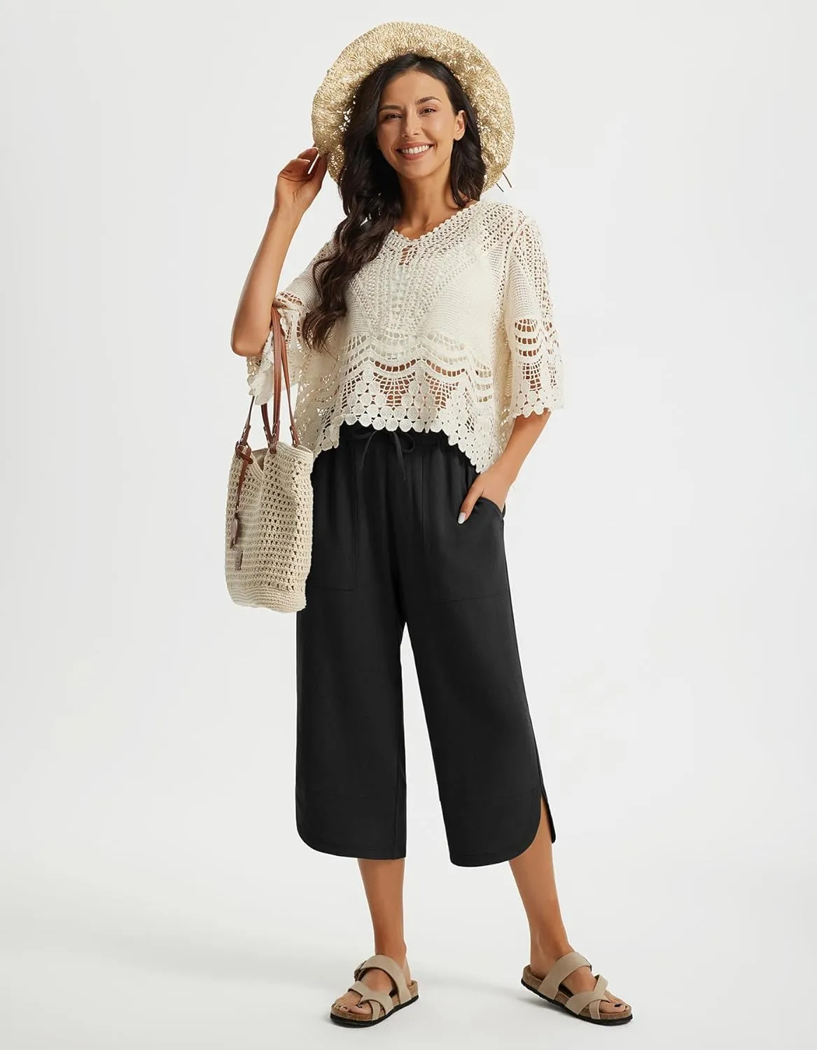 Libin Capri Linen Pants for Women Wide Leg Casual Summer Palazzo Pants High Waisted Beach Tousers with Pockets