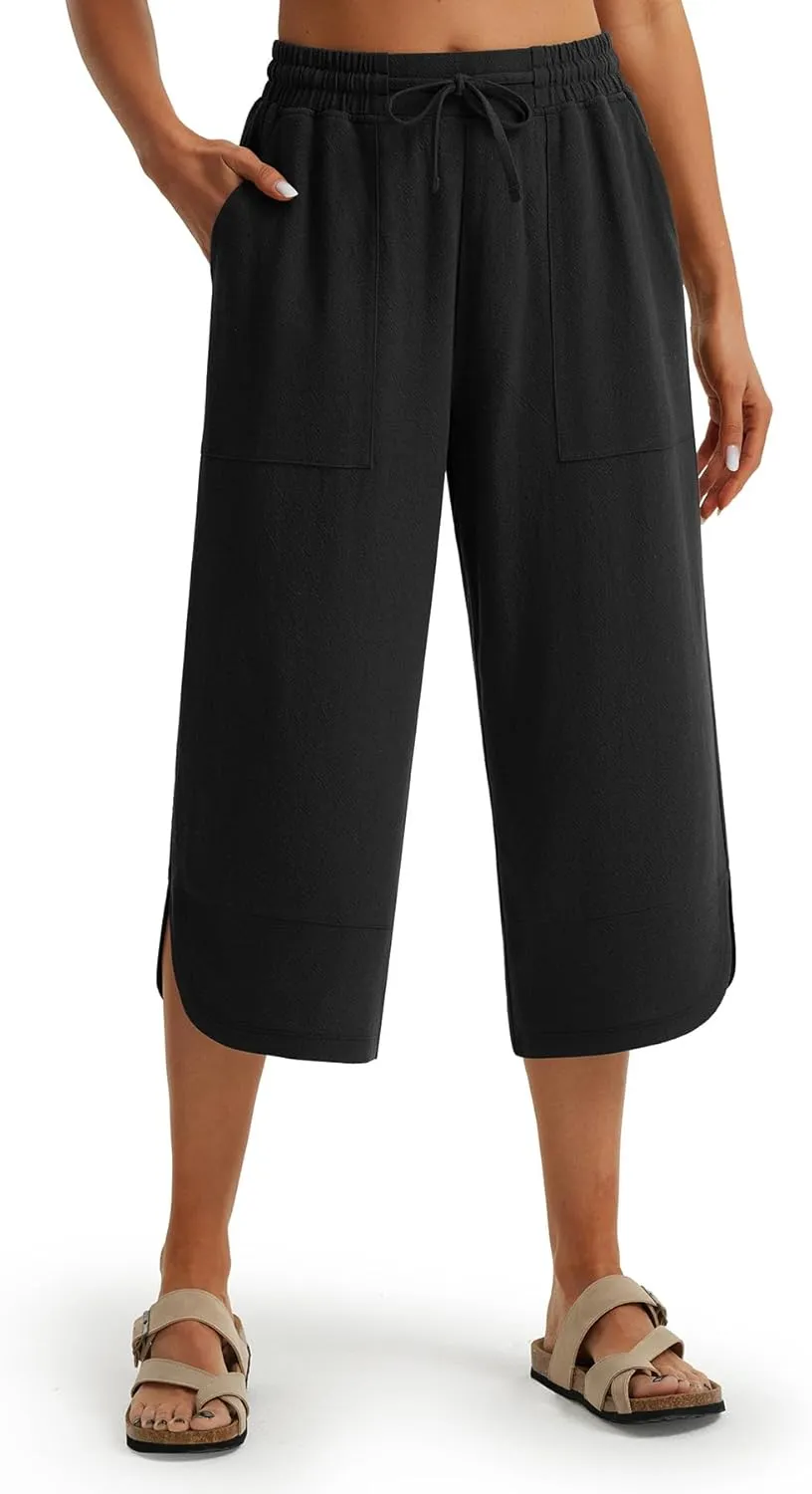 Libin Capri Linen Pants for Women Wide Leg Casual Summer Palazzo Pants High Waisted Beach Tousers with Pockets