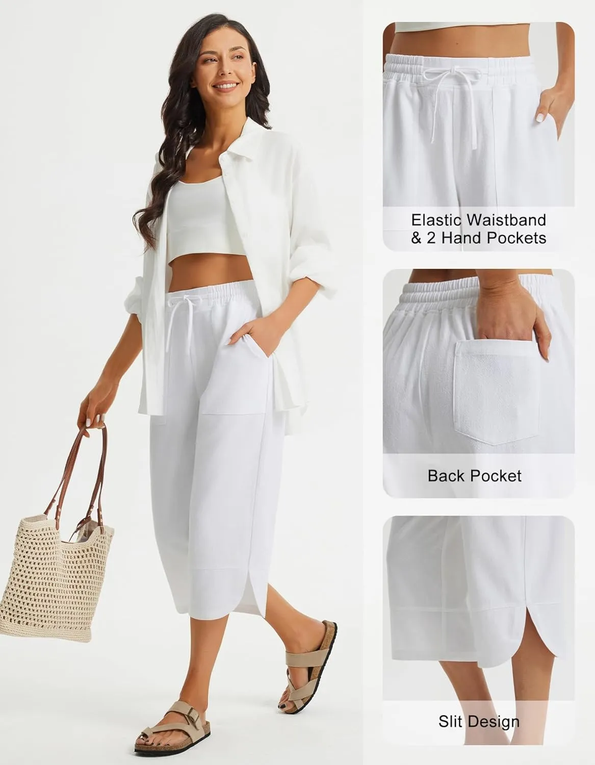 Libin Capri Linen Pants for Women Wide Leg Casual Summer Palazzo Pants High Waisted Beach Tousers with Pockets