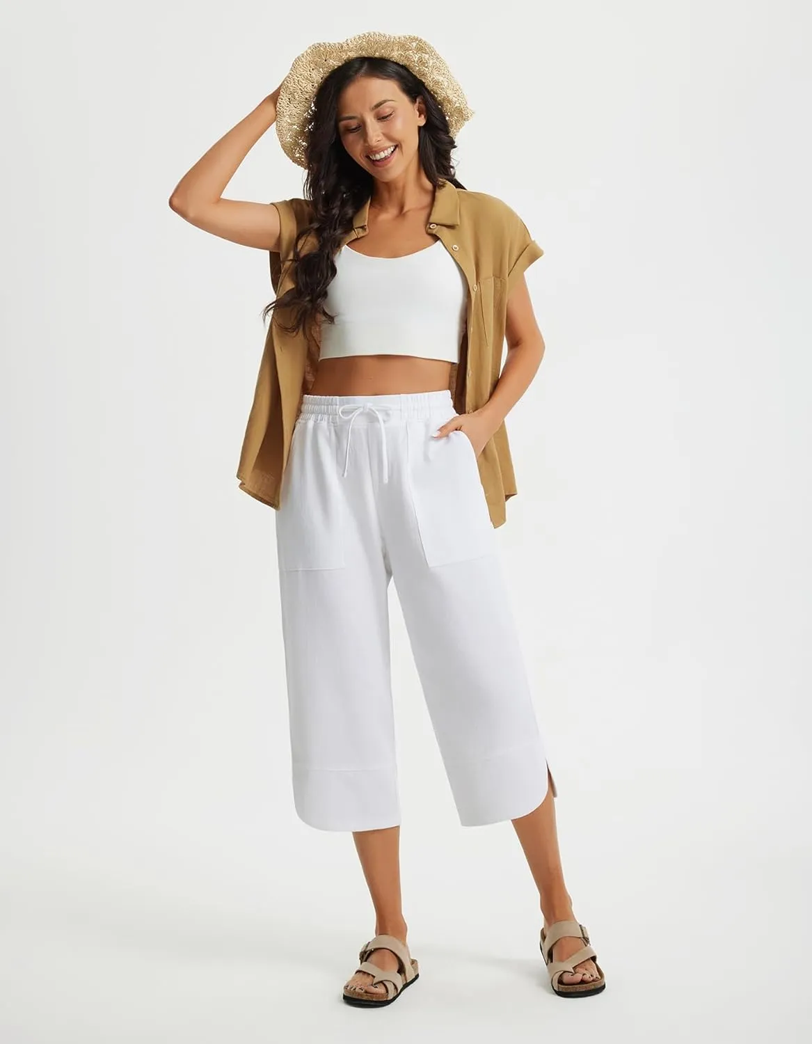 Libin Capri Linen Pants for Women Wide Leg Casual Summer Palazzo Pants High Waisted Beach Tousers with Pockets