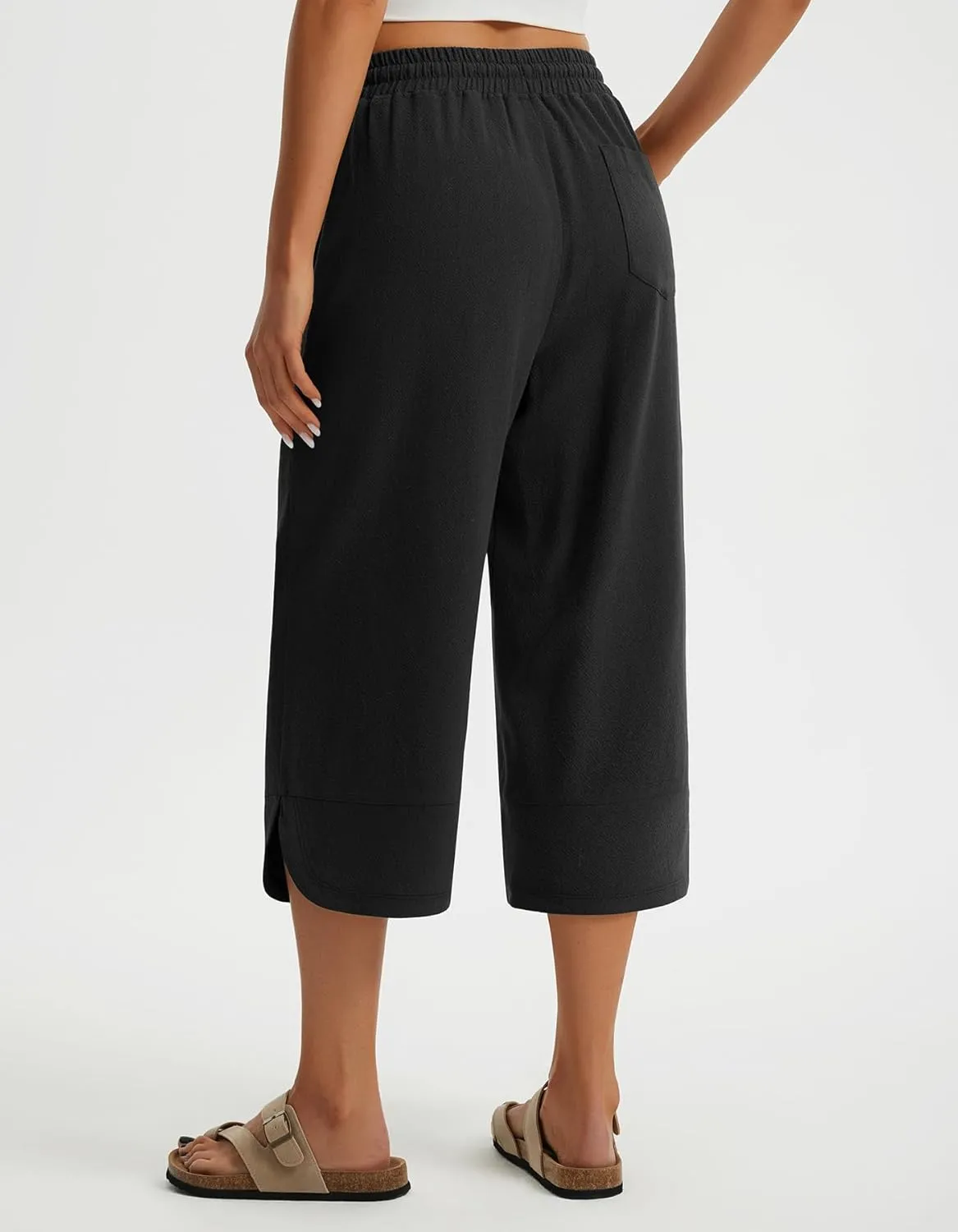 Libin Capri Linen Pants for Women Wide Leg Casual Summer Palazzo Pants High Waisted Beach Tousers with Pockets