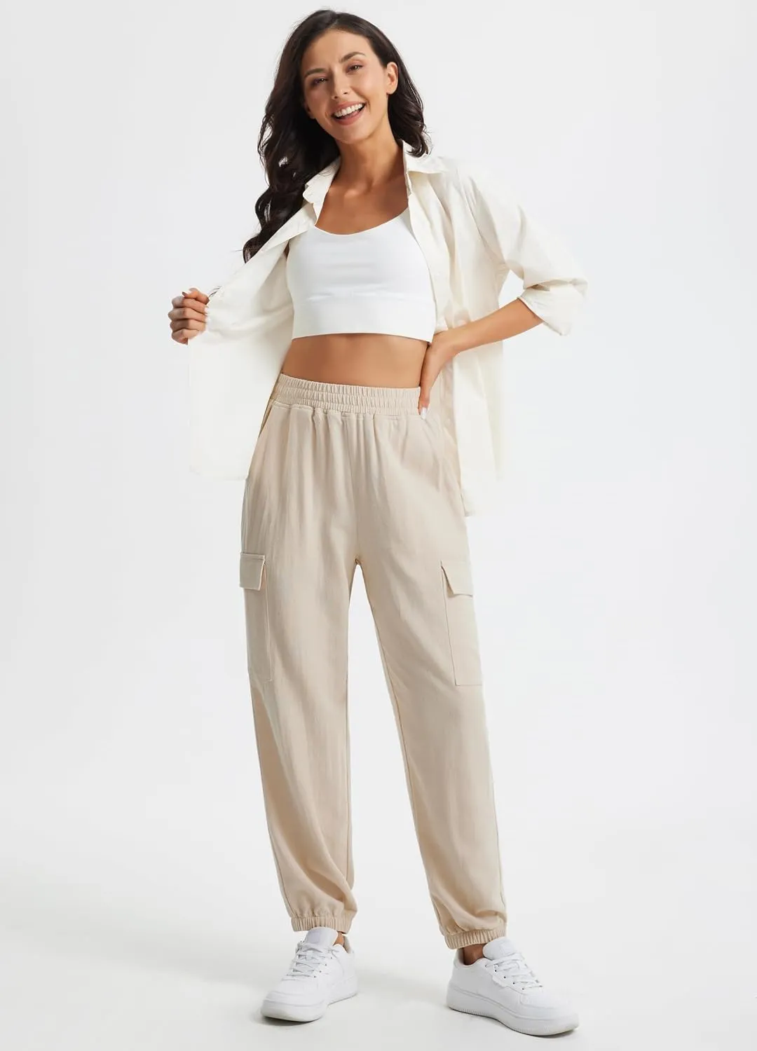 Libin Womens Cargo Linen Pants High Waisted Summer Casual Beach Parachute Travel Trousers Lightweight Joggers with Pockets