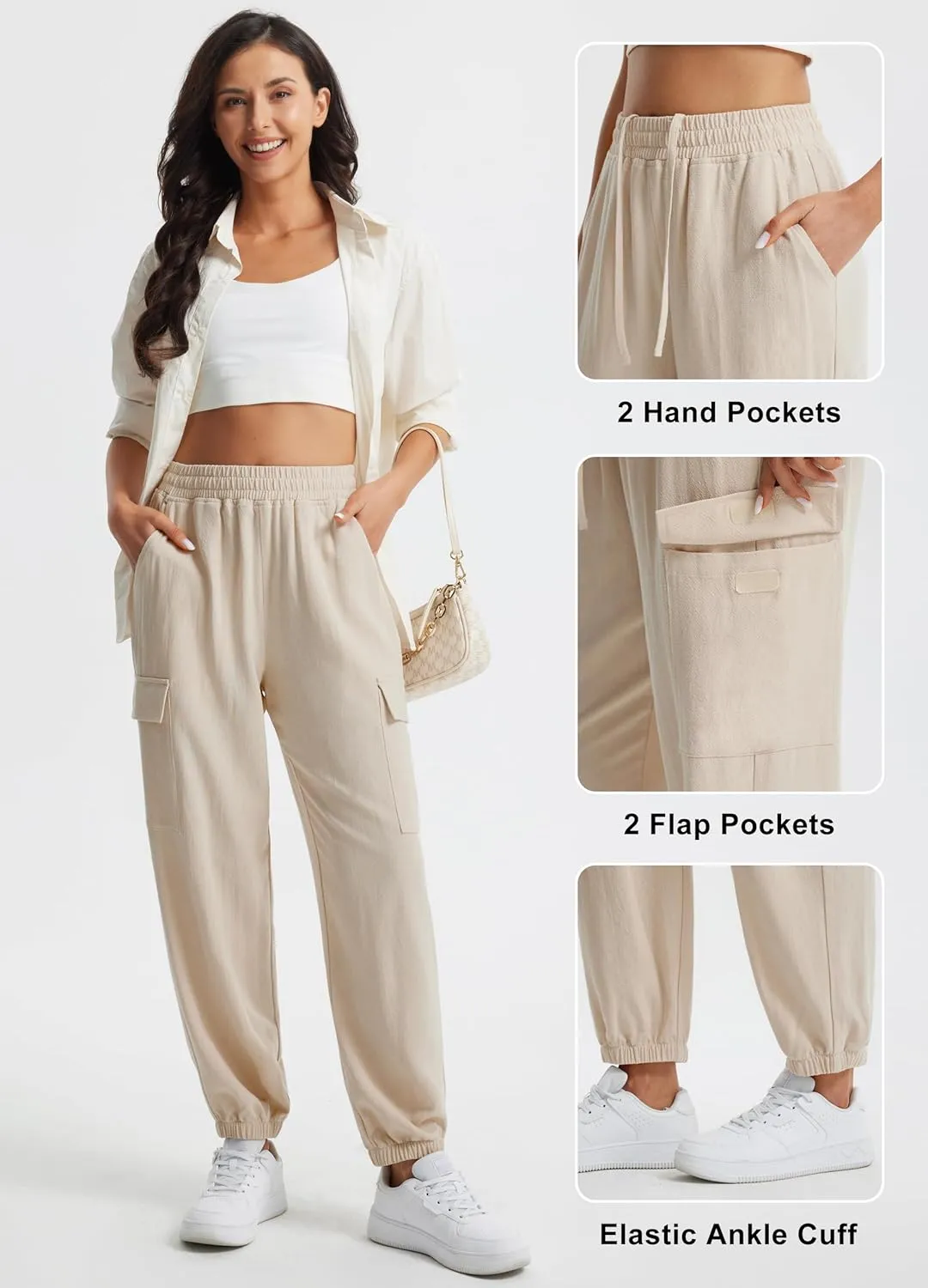 Libin Womens Cargo Linen Pants High Waisted Summer Casual Beach Parachute Travel Trousers Lightweight Joggers with Pockets