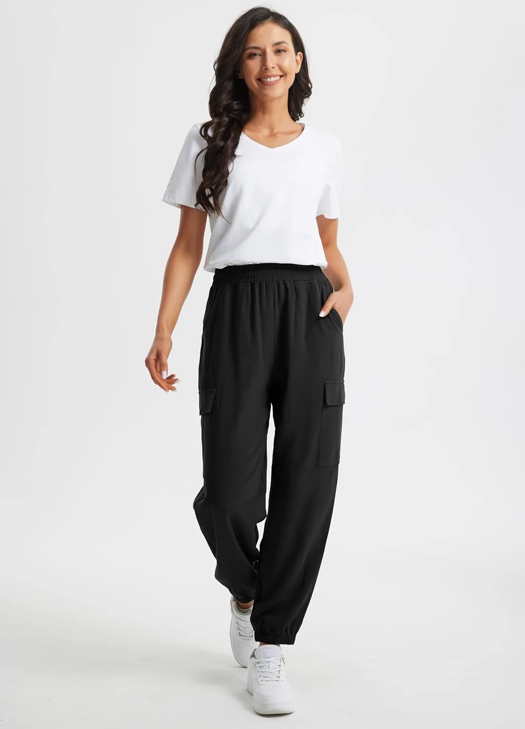 Libin Womens Cargo Linen Pants High Waisted Summer Casual Beach Parachute Travel Trousers Lightweight Joggers with Pockets