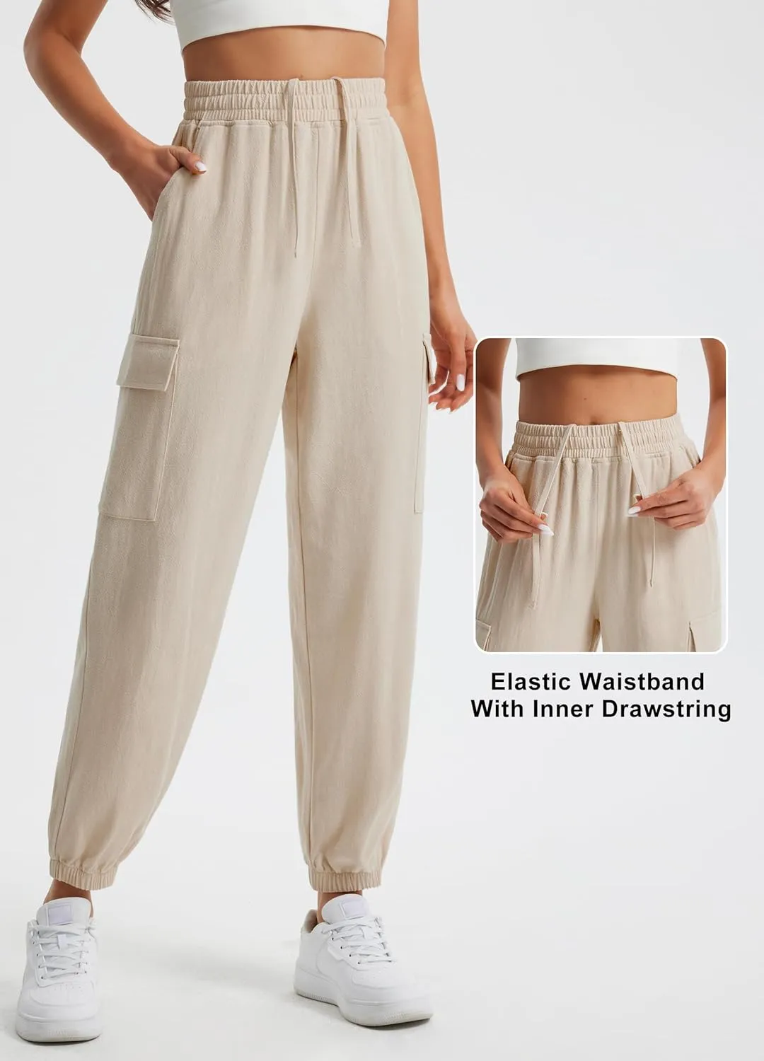 Libin Womens Cargo Linen Pants High Waisted Summer Casual Beach Parachute Travel Trousers Lightweight Joggers with Pockets