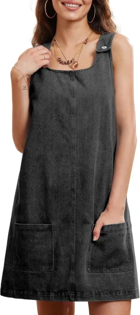 Locachy Women's Vintage Denim Overall Dress Casual Sleeveless Crewneck Mini Jean Jumper Dress with Pocket