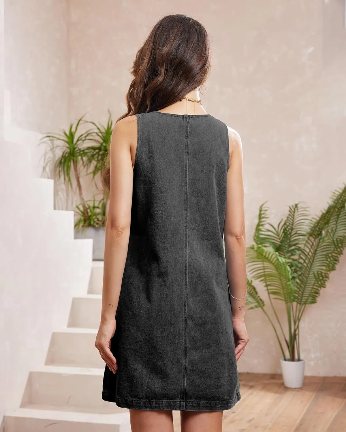 Locachy Women's Vintage Denim Overall Dress Casual Sleeveless Crewneck Mini Jean Jumper Dress with Pocket