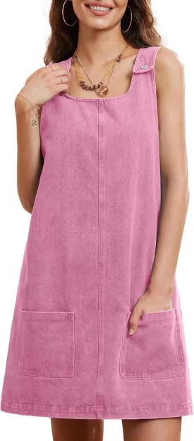 Locachy Women's Vintage Denim Overall Dress Casual Sleeveless Crewneck Mini Jean Jumper Dress with Pocket