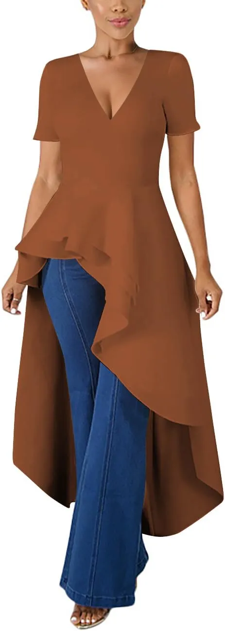 Lrady Womens V Neck Short Sleeve High Low Cocktail Party Dresses Peplum Tunic Tops Shirt Dress