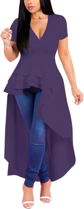Lrady Womens V Neck Short Sleeve High Low Cocktail Party Dresses Peplum Tunic Tops Shirt Dress