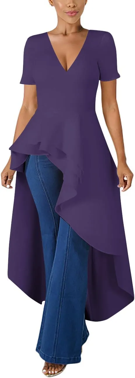 Lrady Womens V Neck Short Sleeve High Low Cocktail Party Dresses Peplum Tunic Tops Shirt Dress