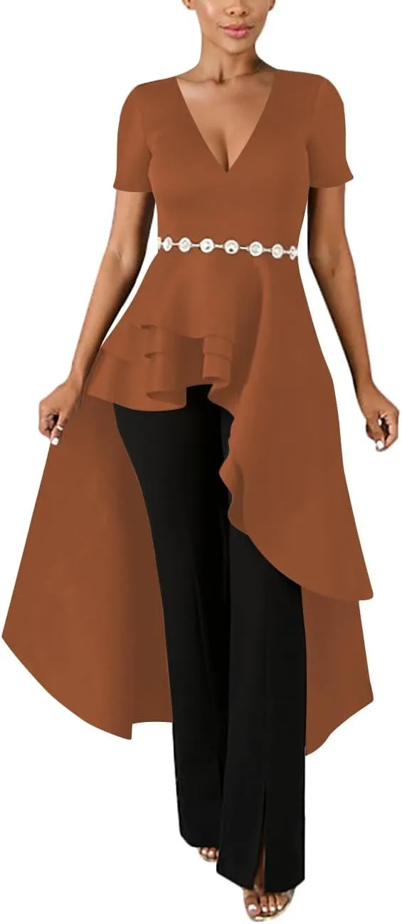 Lrady Womens V Neck Short Sleeve High Low Cocktail Party Dresses Peplum Tunic Tops Shirt Dress